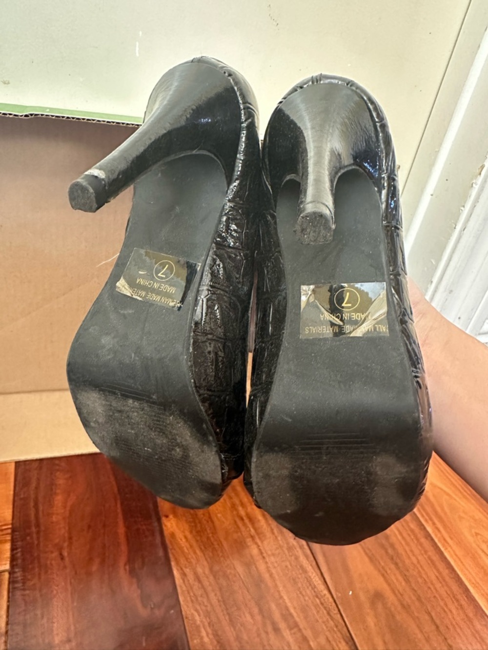 Delicious Black Patent Peep-Toe Heels with Silver Buckle - Picture 4 of 8